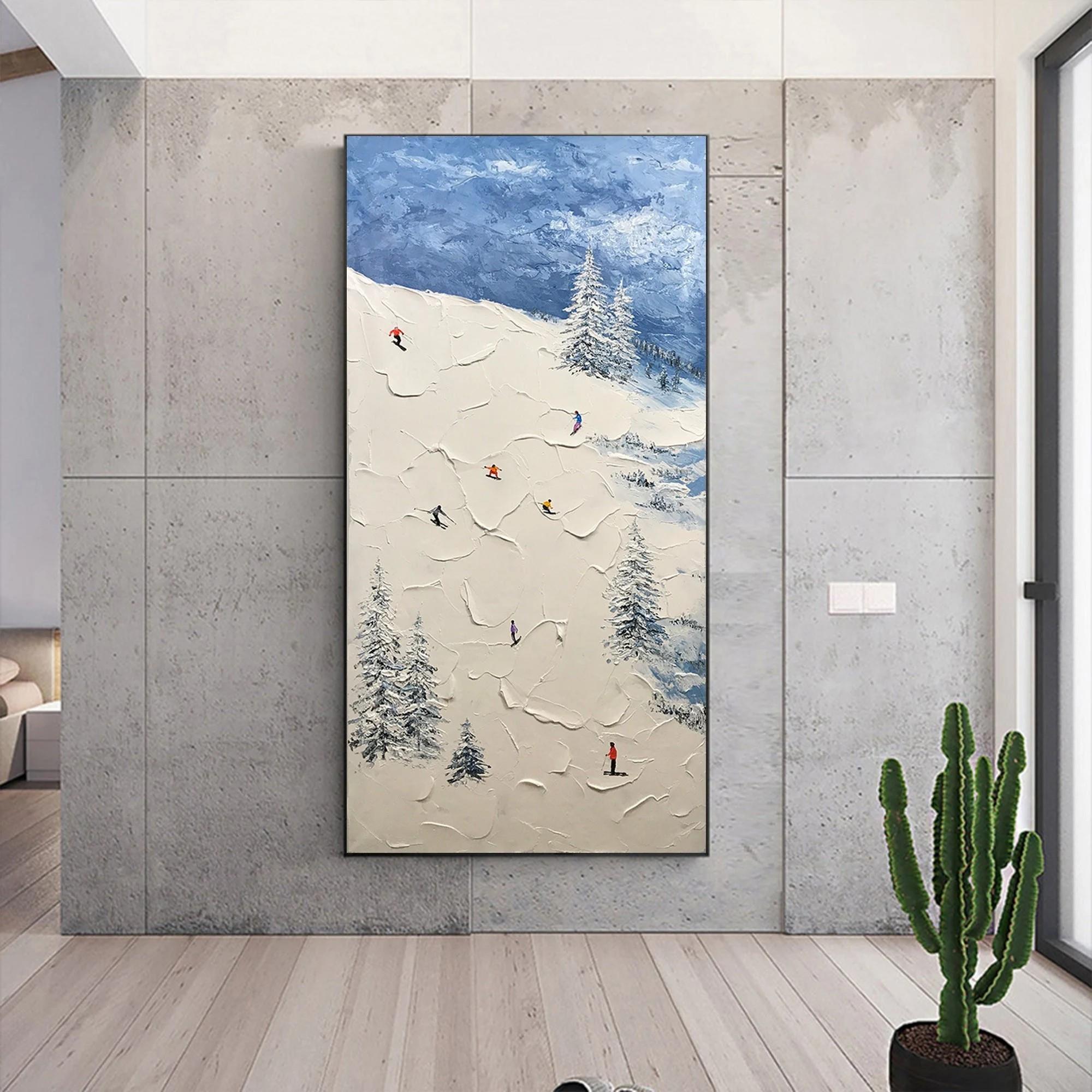 Skier on Snowy Mountain Wall Art Sport White Snow Skiing Room Decor by Knife 08 Oil Paintings